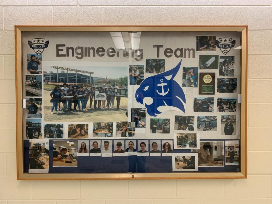 The engineering team updated their display case in A wing for the current year.