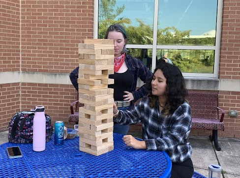 Hayden Jurch and Frankie Thomas battle it out with Jenga.