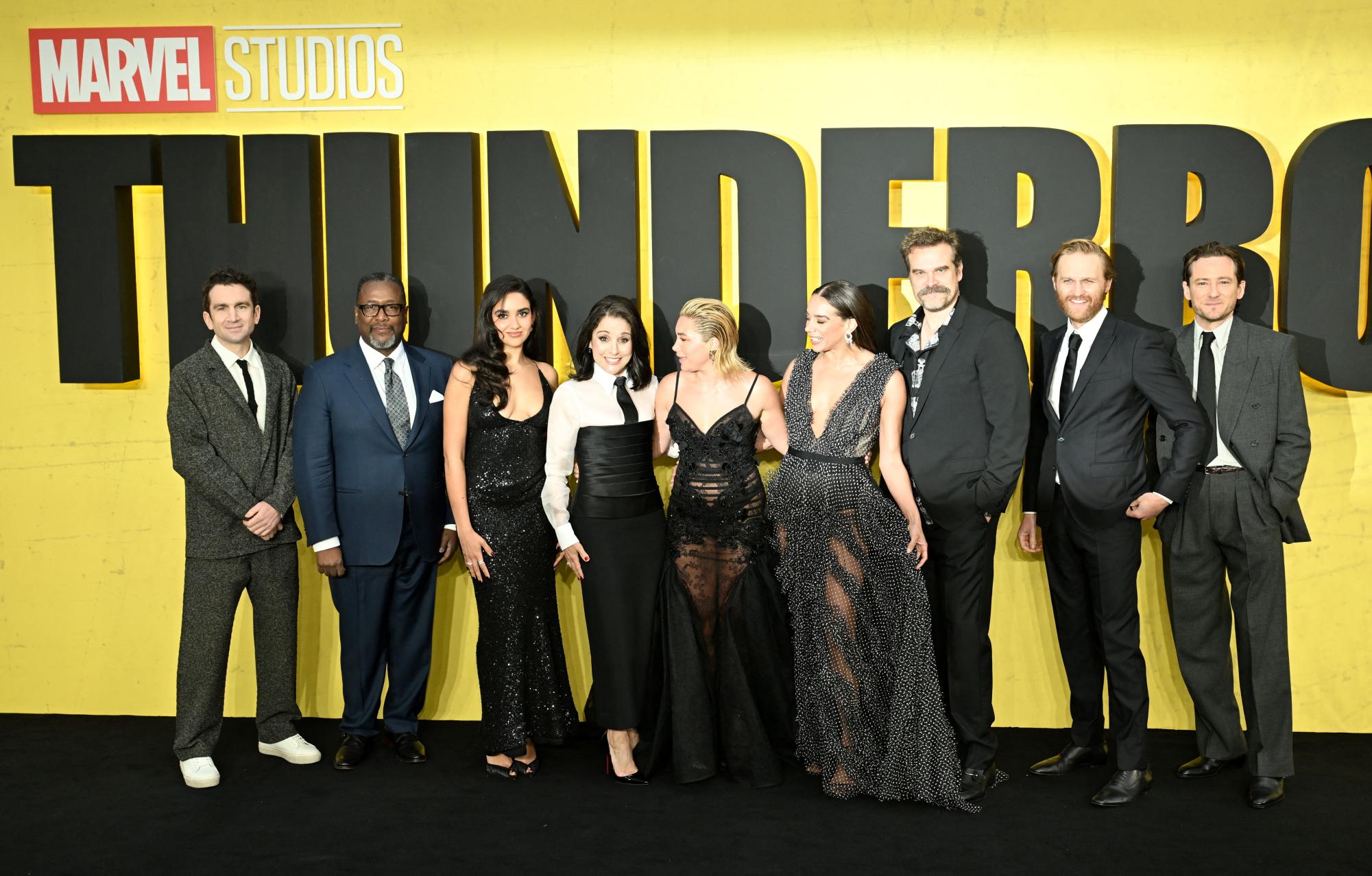 Lewis Pullman, Wyatt Russell, David Harbour, Hannah John-Kamen, Florence Pugh, Julia Louis-Dreyfus, Geraldine Viswanathan, Wendell Pierce and Jake Schreier attend the European premiere of Marvel Studios' ''Thunderbolts*" in London, Britain, April 22, 2025. REUTERS/Chris J. Ratcliffe