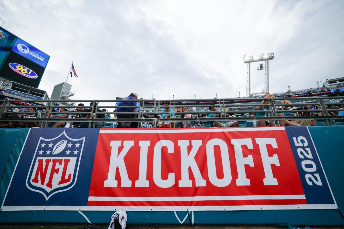 Sep 7, 2025; Jacksonville, Florida, USA; NFL Kickoff signage on the stands during the second half of a game between the Jacksonville Jaguars and the Carolina Panthers at EverBank Stadium. Mandatory Credit: Nathan Ray Seebeck-Imagn Images