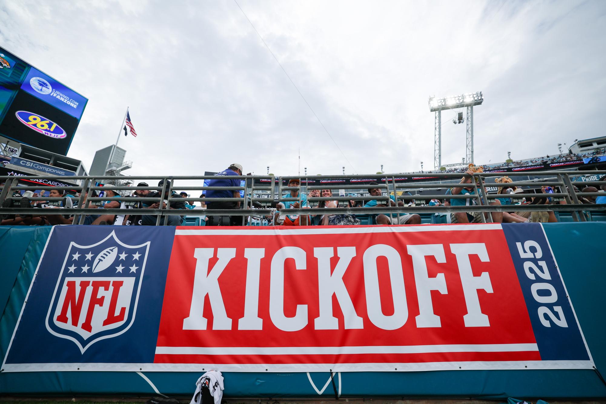 Sep 7, 2025; Jacksonville, Florida, USA; NFL Kickoff signage on the stands during the second half of a game between the Jacksonville Jaguars and the Carolina Panthers at EverBank Stadium. Mandatory Credit: Nathan Ray Seebeck-Imagn Images