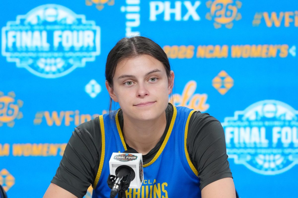 Apr 2, 2026; Phoenix, AZ, USA; UCLA Bruins forward Gabriela Jaquez during press conference prior to a 2026 NCAA Final Four women's basketball semifinal at Mortgage Matchup Center. Mandatory Credit: Kirby Lee-Imagn Images